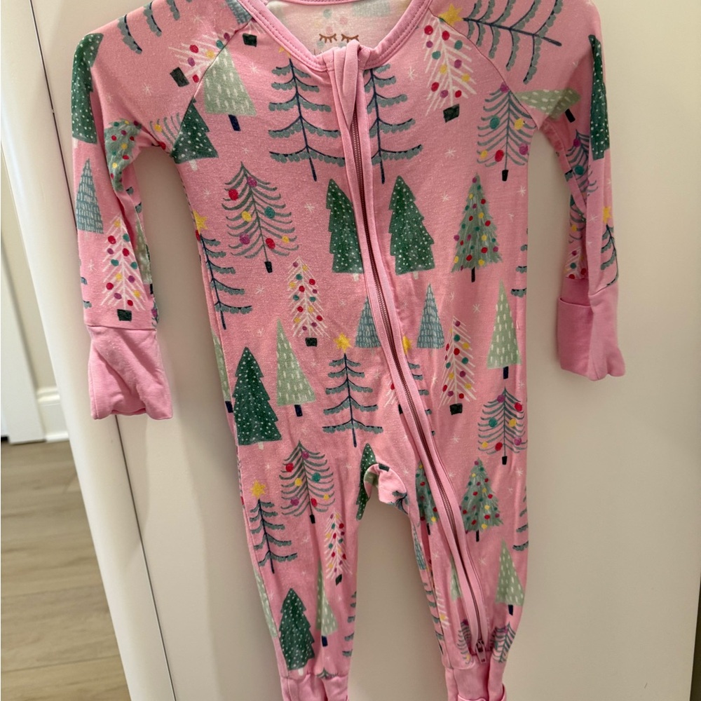 Little Sleepies Pink Holiday Tree Zip One-Piece Pajamas